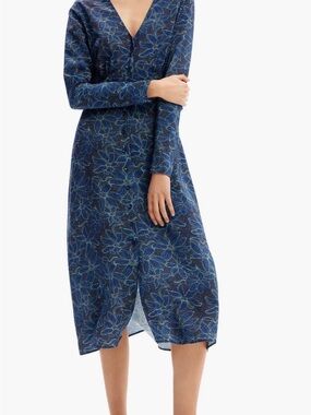 Desigual Navy Blue Floral V-Neck Button-Through Midi Dress